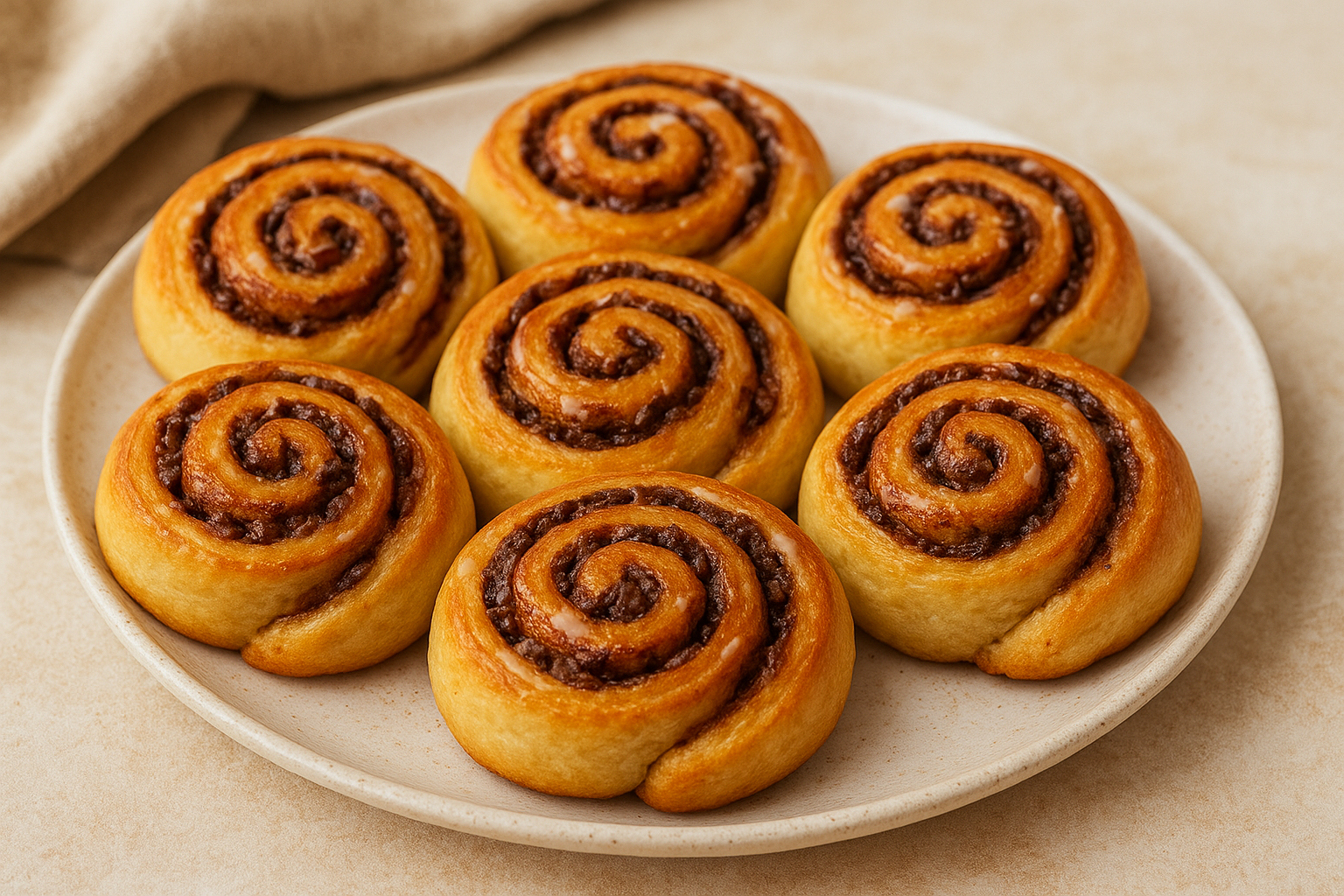 Na svijetlom tanjuru nalazi se sedam svježe pečenih cimet rolica, složenih u kružni uzorak poput cvijeta. Svaka rolica ima zlatno-smeđu koricu s jasno vidljivim spiralnim slojevima punjenja od cimeta. Površina im je sjajna, što sugerira da su prelivene glazurom ili šećernim sirupom, dajući im primamljiv, gotovo karameliziran izgled. Tanjur je postavljen na svijetlu podlogu, a u pozadini se nazire bež kuhinjska krpa, koja dodaje domaći, rustikalni ton kompoziciji. Cijela scena odiše toplinom i udobnošću, kao da poziva na zajedničko uživanje uz šalicu čaja ili kave.