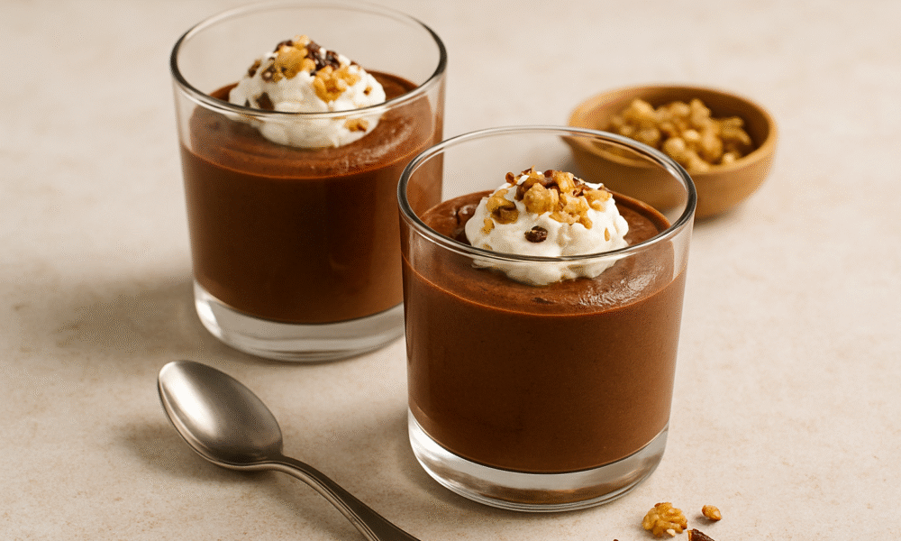 Na slici su prikazane dvije staklene čaše ispunjene čokoladnim mousseom, svilenkaste i kremaste teksture. Na vrhu svakog moussea nalazi se oblak šlaga, posut sitno sjeckanim orašastim plodovima koji dodaju hrskavost i vizualni kontrast. U pozadini se nalazi mala drvena zdjelica s dodatnim orašastim plodovima, dok je u prvom planu položena metalna žlica na svijetloj površini.