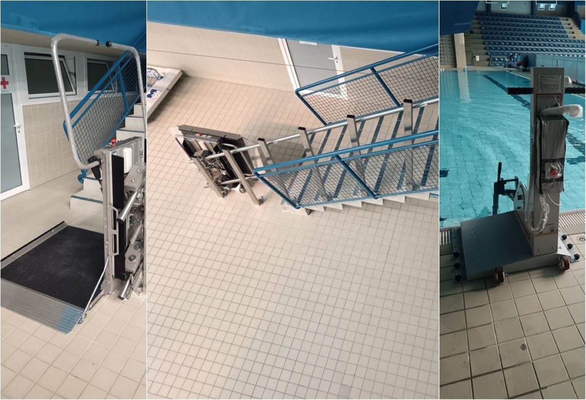 Ova fotografija prikazuje sustav dizalice za bazen, namijenjen osobama s poteškoćama u kretanju, kako bi im se omogućio siguran i dostojanstven pristup vodi.