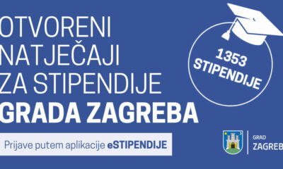 Plakat na plavoj podlozi s tekstom „Otvoreni natječaji za stipendije Grada Zagreba – 1353 stipendije“. U donjem dijelu piše „Prijave putem aplikacije eStipendije“, a u kutu je grb Grada Zagreba.