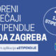Plakat na plavoj podlozi s tekstom „Otvoreni natječaji za stipendije Grada Zagreba – 1353 stipendije“. U donjem dijelu piše „Prijave putem aplikacije eStipendije“, a u kutu je grb Grada Zagreba.