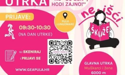 Promotivni plakat prikazuje veselu i šarenu najavu humanitarne utrke pod nazivom "HUMANITARNA UTRKA", sa sloganom "NE 'ĆU BEN', HODI ZAJNO!" koji poziva na zajedništvo i aktivno sudjelovanje. Vizualno dominiraju roza, žute i bijele boje, stvarajući optimističan i inkluzivan ton.