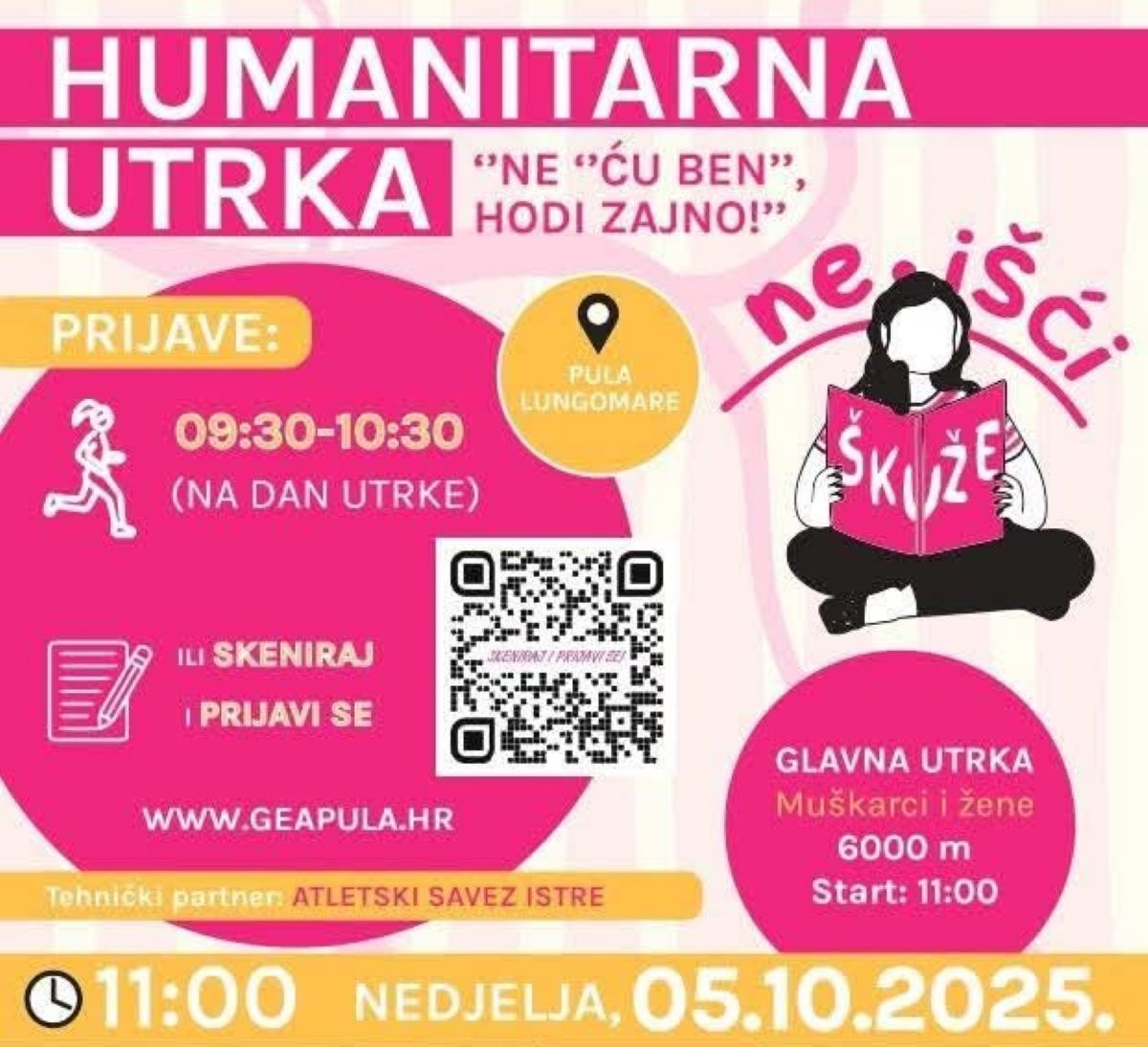 Promotivni plakat prikazuje veselu i šarenu najavu humanitarne utrke pod nazivom "HUMANITARNA UTRKA", sa sloganom "NE 'ĆU BEN', HODI ZAJNO!" koji poziva na zajedništvo i aktivno sudjelovanje. Vizualno dominiraju roza, žute i bijele boje, stvarajući optimističan i inkluzivan ton.