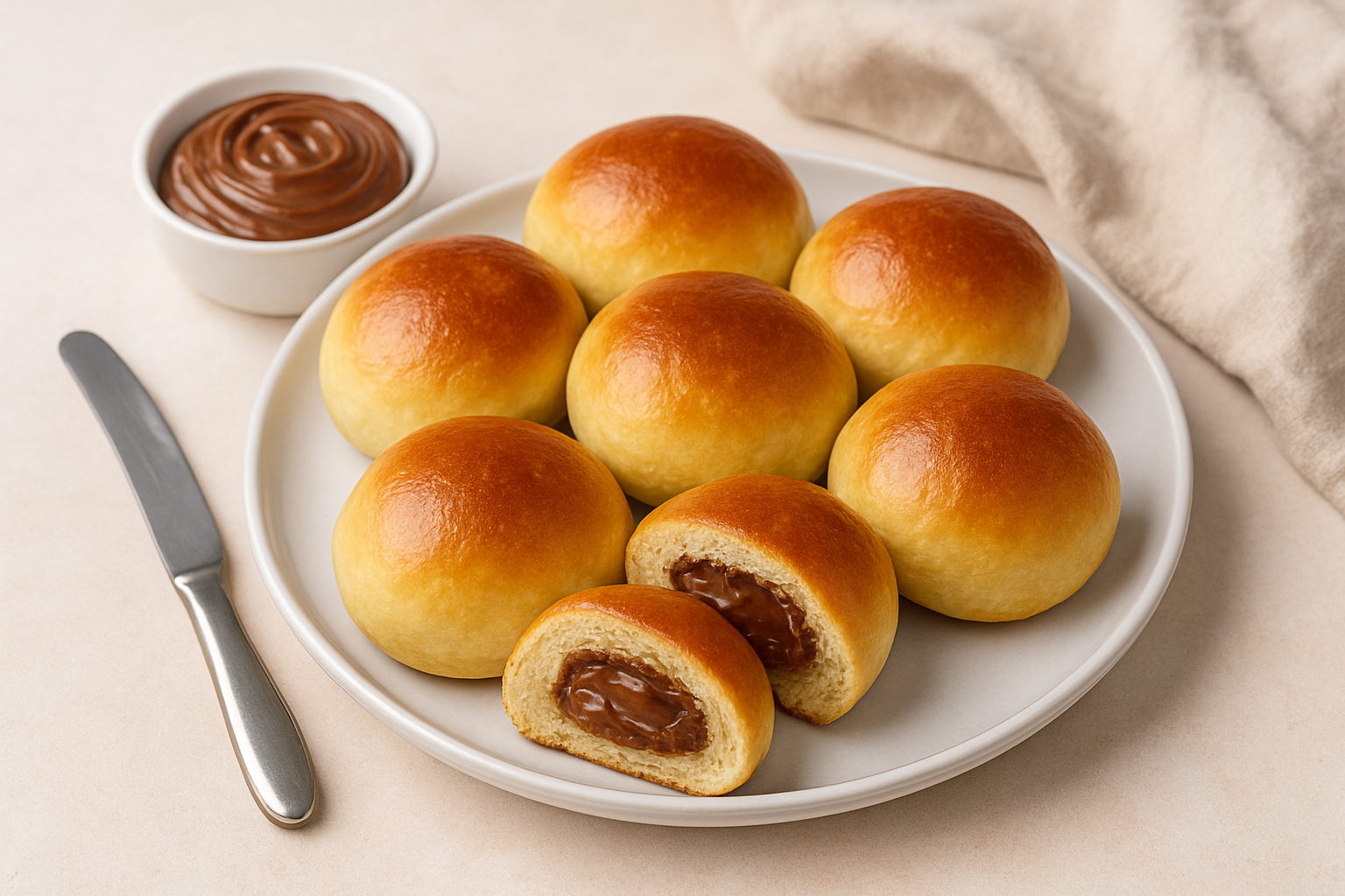 Na fotografiji se nalazi tanjur s osam zlatnosmeđih, okruglih peciva, savršeno pečenih s glatkom i sjajnom površinom – što sugerira da su prije pečenja premazana jajem. Jedno pecivo je prerezano, otkrivajući bogat, kremasti čokoladni nadjev koji se nježno razlijeva iz sredine.