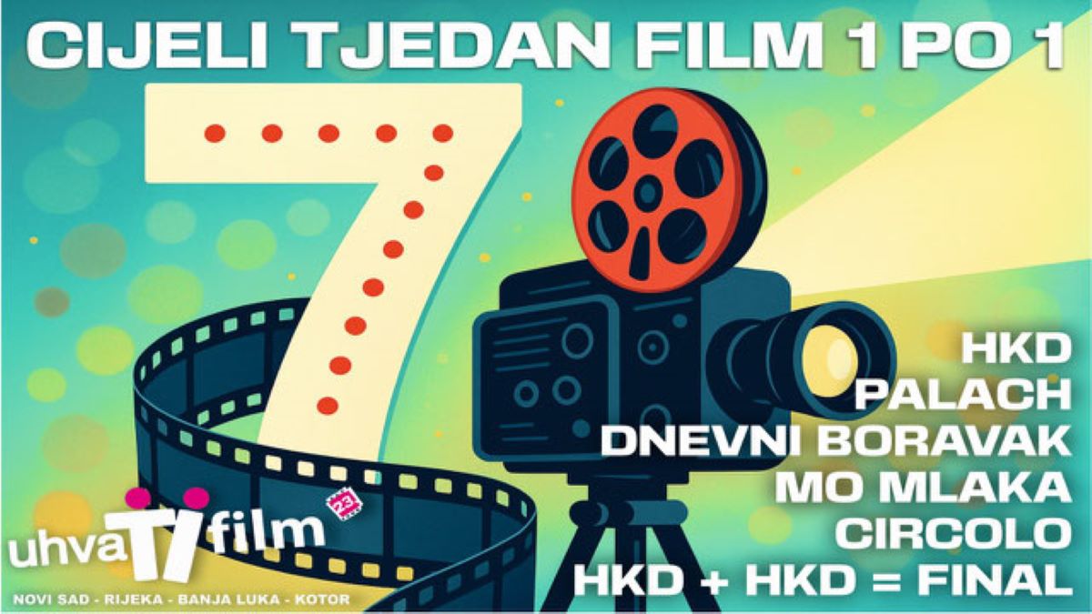 Na plakatu dominira veliki broj "7", stiliziran filmskom vrpcom koja ga obavija, čime se odmah stvara poveznica s temom filma. Desno od broja nalazi se vintage filmski projektor s crvenim kolutom, iz kojeg izlazi snop svjetlosti – simboličan prikaz projekcije i čarolije kina. Pozadina je u nijansama tirkizne i svijetloplave, s kružnim svjetlosnim uzorcima koji dodaju retro estetiku i osjećaj svečanosti.