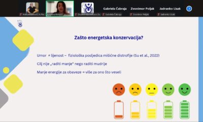 Na slici je prikazan zaslon virtualne prezentacije ili webinara. Gornji dio prikazuje video sličice sudionika s imenima: Anja Blažević, Katarina Kovačić, dr. sc. Antonela Šantek, Gabriela Čabraja, Zvonimir Poljak i Jadranko Lisak. Katarina Kovačić je u fokusu i izgleda kao da upravo izlaže ili govori, što sugerira da je ona glavna govornica u tom trenutku.