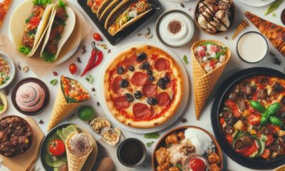 a bijeloj podlozi prikazana je šarena i raznolika kolekcija jela iz različitih svjetskih kuhinja. U središtu se nalazi pizza s feferonima, okružena raznim slanim i slatkim delicijama. Tu su tacosi punjeni mesom i povrćem, tjestenine s umacima od rajčice i vrhnja, rolice sushija, ražnjići s roštilja, te mesni i povrtni gulaš u crnoj zdjeli. Među desertima ističu se sladoledi s raznim preljevima, čokoladne kocke, muffini i šareni kolačići. Vidljive su i zdjelice s umacima i dipovima, kao i salata u obliku stošca. Cijela kompozicija odiše bogatstvom okusa, boja i kultura, stvarajući vizualno privlačan prizor koji slavi kulinarsku raznolikost i užitak u hrani.