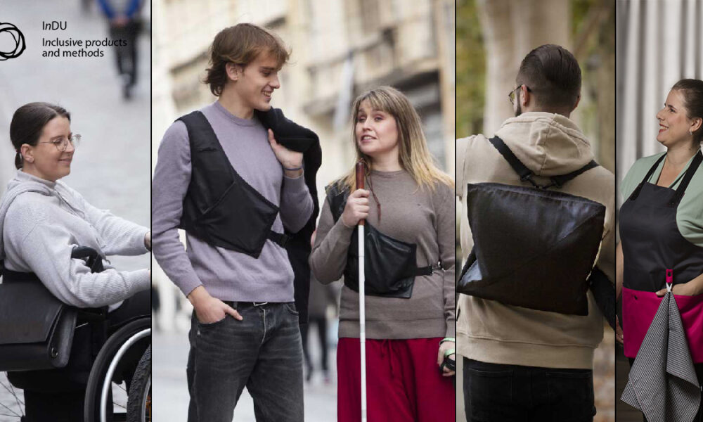 Fotografija je kolaž od pet vertikalnih panela, svaki prikazuje različite osobe koje koriste ili komuniciraju s inkluzivnim proizvodima: Lijevi panel: Osoba u invalidskim kolicima, s naočalama i tamnom jaknom, drži pametni telefon. Izraz lica je koncentriran, a poza sugerira samostalnost i digitalnu povezanost. Drugi panel: Dvije osobe hodaju i razgovaraju. Jedna nosi crnu torbicu preko ramena, dok druga koristi bijeli štap, što ukazuje na vizualno oštećenje. Njihova interakcija djeluje prirodno i prijateljski. Treći panel: Prikazuje stražnji pogled na osobu s crnim ruksakom koji ima dijagonalni remen. Vizualna kompozicija naglašava funkcionalnost i mobilnost. Četvrti panel: Osoba nosi crnu pregaču s ružičastim džepovima, stoji i smiješi se. Izraz lica zrači toplinom i pristupačnošću, a odjeća sugerira radno okruženje koje je inkluzivno i prilagođeno. Desni panel: Nema dodatnih vizualnih elemenata, ali cijeli kolaž je zaokružen logotipom i tekstom u gornjem lijevom kutu: "InDU Inclusive products and methods"
