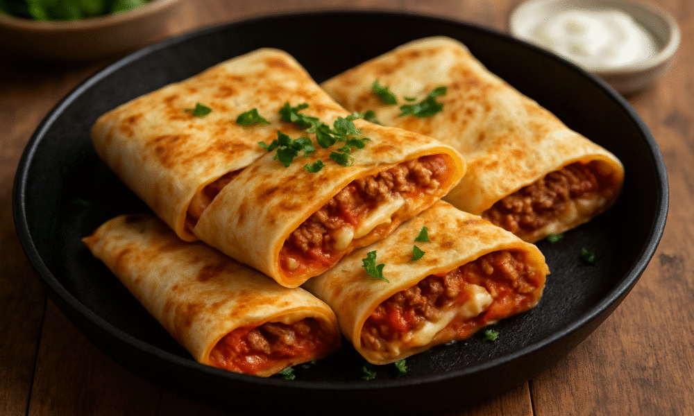 Na slici se nalazi crna tava u kojoj su posložene četiri tortilje punjene mljevenim mesom, rajčicom i rastopljenim sirom. Tortilje su lijepo zapečene, s blagim zlatno-smeđim nijansama, a iz prerezanog dijela izlazi sočan i bogat nadjev. Na vrhu su posipani sitni komadići svježeg peršina koji dodaju malo boje i svježine. U pozadini se na drvenoj podlozi vidi zdjelica s umakom, što dodatno pojačava dojam ukusnog i toplog jela spremnog za posluživanje.