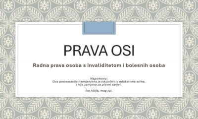 Fotografija prikazuje prezentacijski slajd s dekorativnom pozadinom u cvjetnom uzorku, nježnih tonova. Naslov slajda glasi „PRAVA OSI”, što označava „Prava osoba s invaliditetom”. Ispod naslova nalazi se podnaslov: „Radna prava osoba s invaliditetom i bolesnih osoba”, koji upućuje na temu radnih prava i zaštite zaposlenih osoba s invaliditetom te onih koje boluju od kroničnih bolesti. Na dnu slajda nalazi se napomena: „Ova prezentacija namijenjena je isključivo u edukativne svrhe, i nije zamjena za pravni savjet.” Potpisana je Iva Atlija, mag. iur., što označava autoricu s diplomom pravne struke.