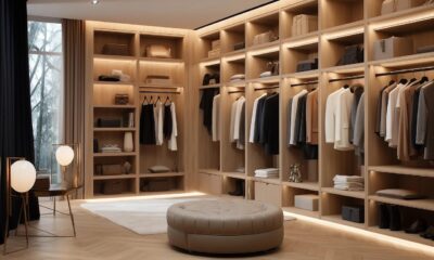 Na fotografiji se nalazi luksuzna, moderno uređena garderoba (walk-in ormar) s ugrađenim drvenim policama i prostorima za vješanje odjeće. Sve je izuzetno uredno organizirano i osvijetljeno toplim, uvučenim rasvjetnim tijelima koja stvaraju ugodnu atmosferu.