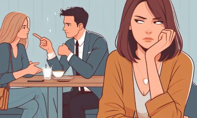 Na ilustraciji je prikazana scena iz modernog kafića s tri osobe koje dočaravaju emocionalnu napetost i međuljudsku dinamiku: U pozadini, muškarac u odijelu razgovara s plavokosom ženom. Njegova gesta rukom sugerira ozbiljnost ili naglašavanje nečega, dok ga ona pažljivo sluša. Na njihovom stolu nalaze se čaša vode i šalica kave, što dodatno pojačava dojam svakodnevnog susreta. U prvom planu, za zasebnim stolom sjedi smeđokosa žena, sama. Naslonila je glavu na ruku i gleda u stranu prema paru s izrazom nezadovoljstva, tuge ili zamišljenosti. Ispred nje je čaša vode sa slamkom. Ambijent je suvremen, s minimalističkim namještajem i visećom žaruljom koja stvara intimnu atmosferu. Cijela scena odiše emocionalnom slojevitošću – moguće su teme poput ljubomore, usamljenosti, preispitivanja odnosa ili unutarnje borbe.