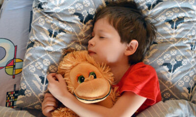 Dječak spava u krevetu, odjeven u crvenu majicu. Mirno leži na jastuku sa zatvorenim očima i čvrsto grli plišanu igračku narančaste boje, nalik majmunu sa širokim osmijehom. Posteljina je šarena, s geometrijskim i uzorkom nalik tkanju, stvarajući topao i udoban dojam.