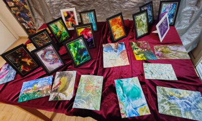 Postav izložbe apstraktnih slika različitih formata i boja, uokvirenih i neuokvirenih, raspoređenih na stolu prekrivenom tamnocrvenom tkaninom. Radovi prikazuju dinamične apstraktne motive u zelenim, plavim, žutim, crvenim i ljubičastim tonovima, izloženi u zatvorenom prostoru kao dio likovne izložbe.