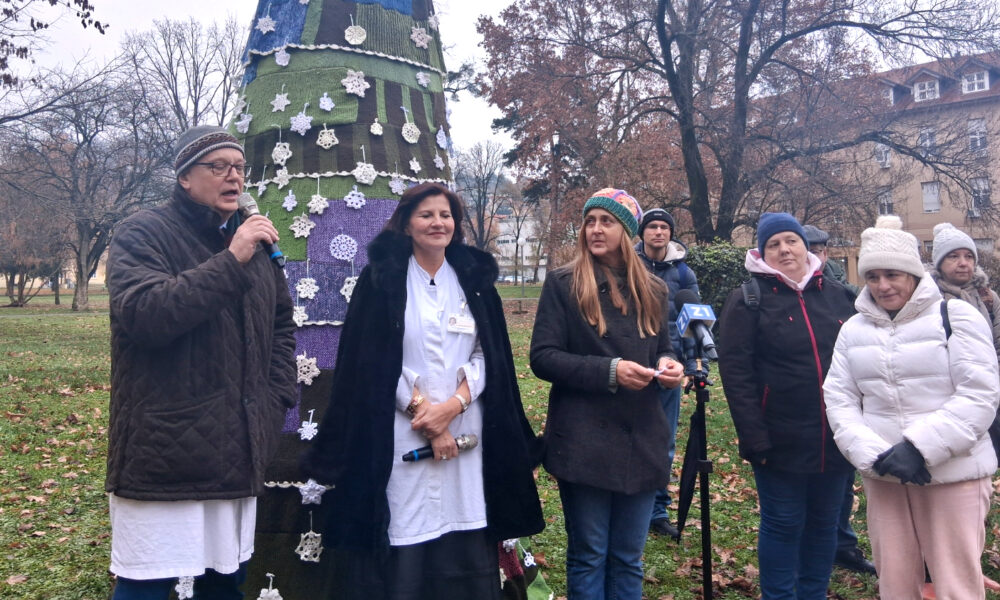 Skupina ljudi stoji u parku pored velikog božićnog drvca prekrivenog šarenim pletenim i kukičanim ukrasima. Muškarac lijevo govori u mikrofon, dok dvije žene uz njega stoje i slušaju – jedna u bijeloj kuti s tamnim kaputom, druga u zimskom kaputu i pletenoj kapi. Iza njih stoji nekoliko osoba u toploj zimskoj odjeći. Pozadina prikazuje drveće bez lišća i obližnje zgrade. Atmosfera je svečana i zimskog ugođaja.