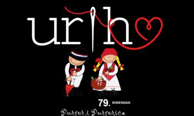 Na crnoj pozadini nalazi se stilizirani logotip “URIHO”, gdje je slovo “i” prikazano kao igla, a crvena nit oblikuje srce. Ispod logotipa stoje dvije ilustrirane figure u tradicijskoj zagrebačkoj nošnji: dječak s kišobranom i šeširom te djevojčica s pletenicama i košaricom. Pri dnu piše “79. rođendan” i “Purger i Purgerica” ukrasnim pismom.
