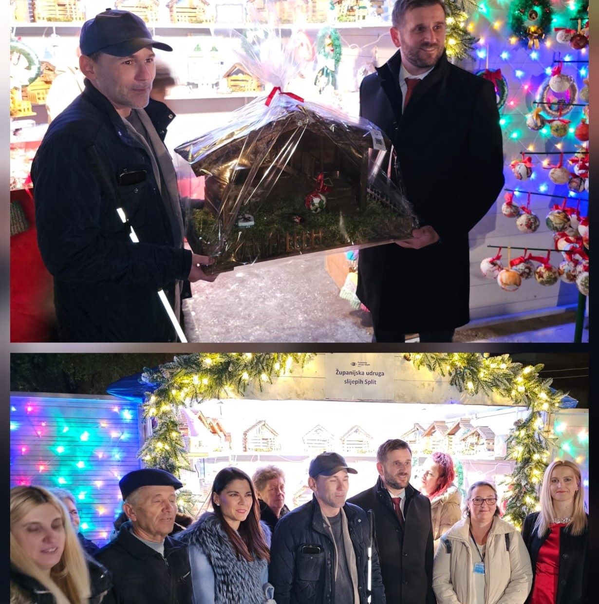 Fotografija je kolaž dviju blagdanskih scena koje prikazuju toplo i zajedničko slavlje, vjerojatno u organizaciji Županijske udruge slijepih Split, kako je naznačeno na natpisu iz donje fotografije. Gornja fotografija prikazuje dvojicu muškaraca koji drže ukrasni predmet zamotan u prozirnu foliju – izgleda poput ručno izrađene božićne jaslice ili minijaturne kućice s blagdanskim motivima. Iza njih se nalazi šareni blagdanski izložbeni prostor s vijencima, kuglicama i svjetlucavim lampicama, što stvara vedru i svečanu atmosferu. Donja fotografija prikazuje skupinu ljudi okupljenih ispod ukrašenog luka od zelenila i lampica. Iza njih se nalazi niz minijaturnih kućica u blagdanskom dekoru. Prisutnost natpisa "Županijska udruga slijepih Split" sugerira da je događaj organiziran u svrhu okupljanja, podrške i zajedničkog slavlja osoba s oštećenjem vida, uz snažan naglasak na inkluziju i zajedništvo.