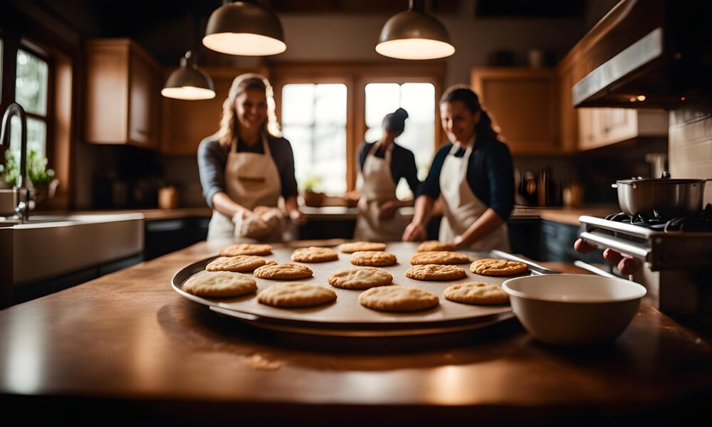Na fotografiji je prikazana topla i ugodna kuhinjska scena u kojoj tri osobe, odjevene u pregače, zajedno pripremaju kolačiće. Okupljene su oko velikog drvenog kuhinjskog pulta na kojem se nalazi lim pun svježe pečenih kolačića zlatno-smeđe boje. Kolačići su raznolikih oblika i tekstura, što upućuje na to da su domaće izrade. U pozadini se vide kuhinjski ormarići, sudoper i štednjak s loncem, što dodatno doprinosi osjećaju domaće atmosfere. Svjetlo je toplo i prirodno, a cijela scena odiše zajedništvom, veseljem i timskim duhom — kao da se radi o pripremi za obiteljsko okupljanje, blagdane ili zajednički događaj.