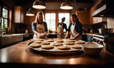 Na fotografiji je prikazana topla i ugodna kuhinjska scena u kojoj tri osobe, odjevene u pregače, zajedno pripremaju kolačiće. Okupljene su oko velikog drvenog kuhinjskog pulta na kojem se nalazi lim pun svježe pečenih kolačića zlatno-smeđe boje. Kolačići su raznolikih oblika i tekstura, što upućuje na to da su domaće izrade. U pozadini se vide kuhinjski ormarići, sudoper i štednjak s loncem, što dodatno doprinosi osjećaju domaće atmosfere. Svjetlo je toplo i prirodno, a cijela scena odiše zajedništvom, veseljem i timskim duhom — kao da se radi o pripremi za obiteljsko okupljanje, blagdane ili zajednički događaj.