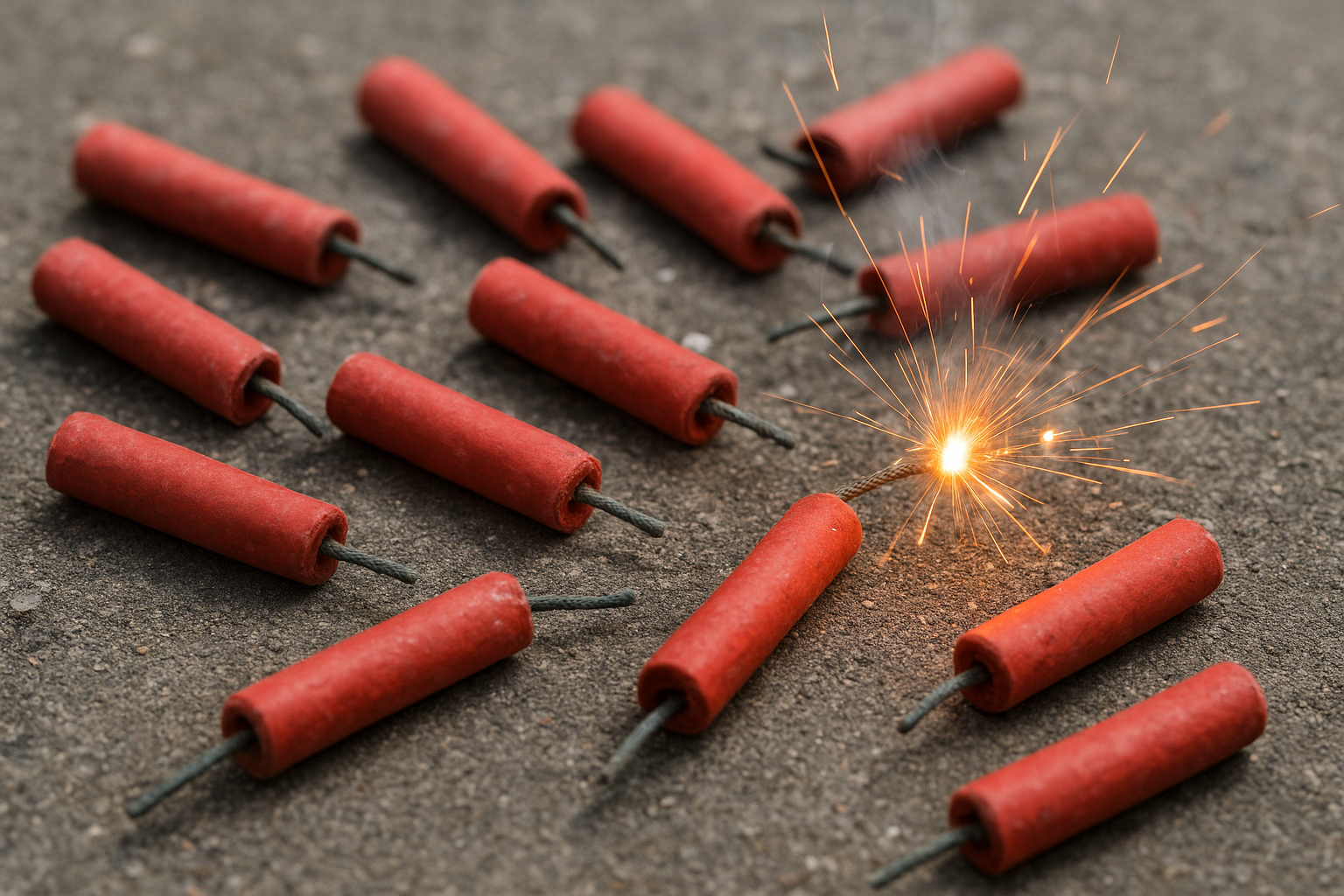 Na fotografiji se nalazi skupina crvenih cilindričnih petardi raspoređenih na hrapavoj, sivoj površini. Jedna od petardi upravo je zapaljena – iz nje izlaze jarki narančasti iskrice i svjetlost, što stvara dinamičan i napet trenutak. Sve petarde su jednake veličine, s kratkim tamnim fitiljima koji vire iz jednog kraja. Prizor dočarava trenutak neposredno prije eksplozije, ističući uzbuđenje, ali i potencijalnu opasnost povezanu s pirotehnikom. Fotografija može služiti kao upozorenje na važnost sigurnosti pri rukovanju vatrometom, ali i kao vizualni prikaz tradicije i slavlja u kojima se petarde često koriste.
