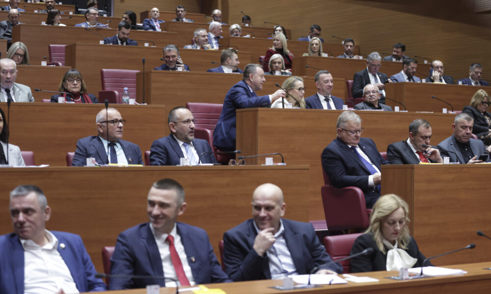 Zastupnici i zastupnice sjede u sabornici Hrvatskog sabora, raspoređeni u redove drvenih klupa s crvenim sjedalima. Dio njih razgovara, neki prate raspravu, a drugi pregledavaju dokumente ili mobitele. Prostor je osvijetljen i organiziran u polukružnim redovima, s mikrofonima ispred svakog mjesta, što upućuje na tijek saborske sjednice.