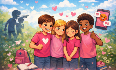 Na ilustraciji se nalazi četvero djece koja stoje zagrljena u prirodnom okruženju, okružena nježnim ružičastim srcima. U središtu je djevojčica spuštenog pogleda i pomalo tužnog izraza lica, dok je ostala djeca prijateljski grle i pružaju joj podršku. Svi nose ružičaste majice, što simbolizira solidarnost i zajedništvo. U pozadini, s lijeve strane, vide se siluete djece koja upiru prstom, što predstavlja vršnjačko nasilje. S desne strane prikazan je mobilni telefon s ljutitim emotikonima i porukama, čime se aludira na elektroničko nasilje. Unatoč tim prikazima, središnji dio slike odiše toplinom, prijateljstvom i podrškom. U prvom planu nalaze se školski elementi poput ruksaka, knjiga i bilježnice, što dodatno naglašava da se radnja odvija u školskom kontekstu. Cijela ilustracija prenosi snažnu poruku o važnosti empatije, zajedništva i zaštite djece od nasilja.