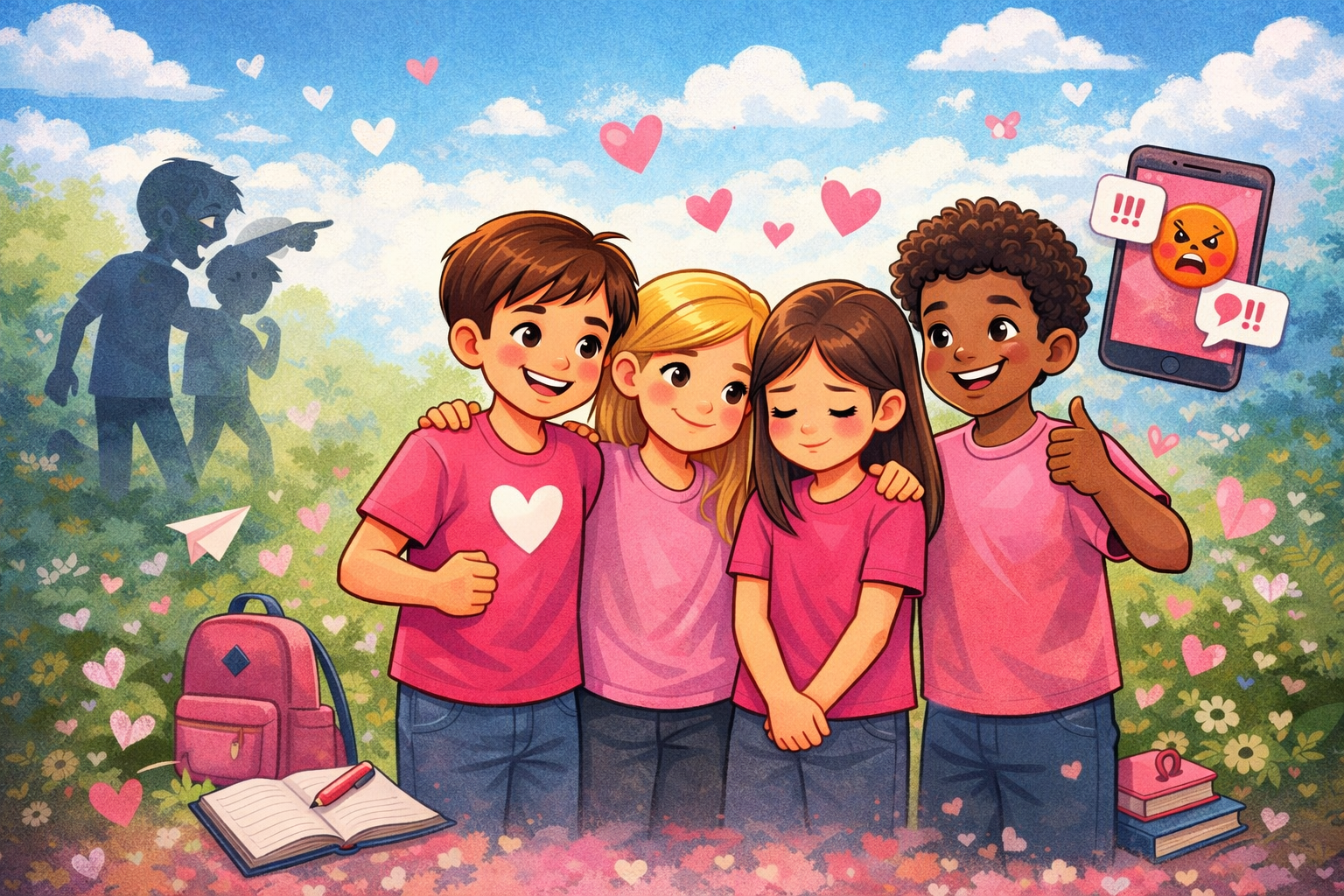 Na ilustraciji se nalazi četvero djece koja stoje zagrljena u prirodnom okruženju, okružena nježnim ružičastim srcima. U središtu je djevojčica spuštenog pogleda i pomalo tužnog izraza lica, dok je ostala djeca prijateljski grle i pružaju joj podršku. Svi nose ružičaste majice, što simbolizira solidarnost i zajedništvo. U pozadini, s lijeve strane, vide se siluete djece koja upiru prstom, što predstavlja vršnjačko nasilje. S desne strane prikazan je mobilni telefon s ljutitim emotikonima i porukama, čime se aludira na elektroničko nasilje. Unatoč tim prikazima, središnji dio slike odiše toplinom, prijateljstvom i podrškom. U prvom planu nalaze se školski elementi poput ruksaka, knjiga i bilježnice, što dodatno naglašava da se radnja odvija u školskom kontekstu. Cijela ilustracija prenosi snažnu poruku o važnosti empatije, zajedništva i zaštite djece od nasilja.