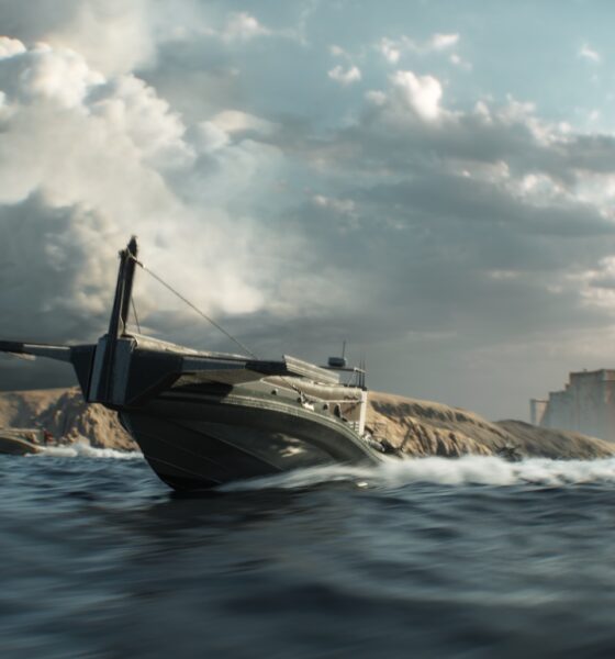 Futuristički čamac plovi uzburkanim morem, u pozadini je utvrda pod tamnim oblacima.