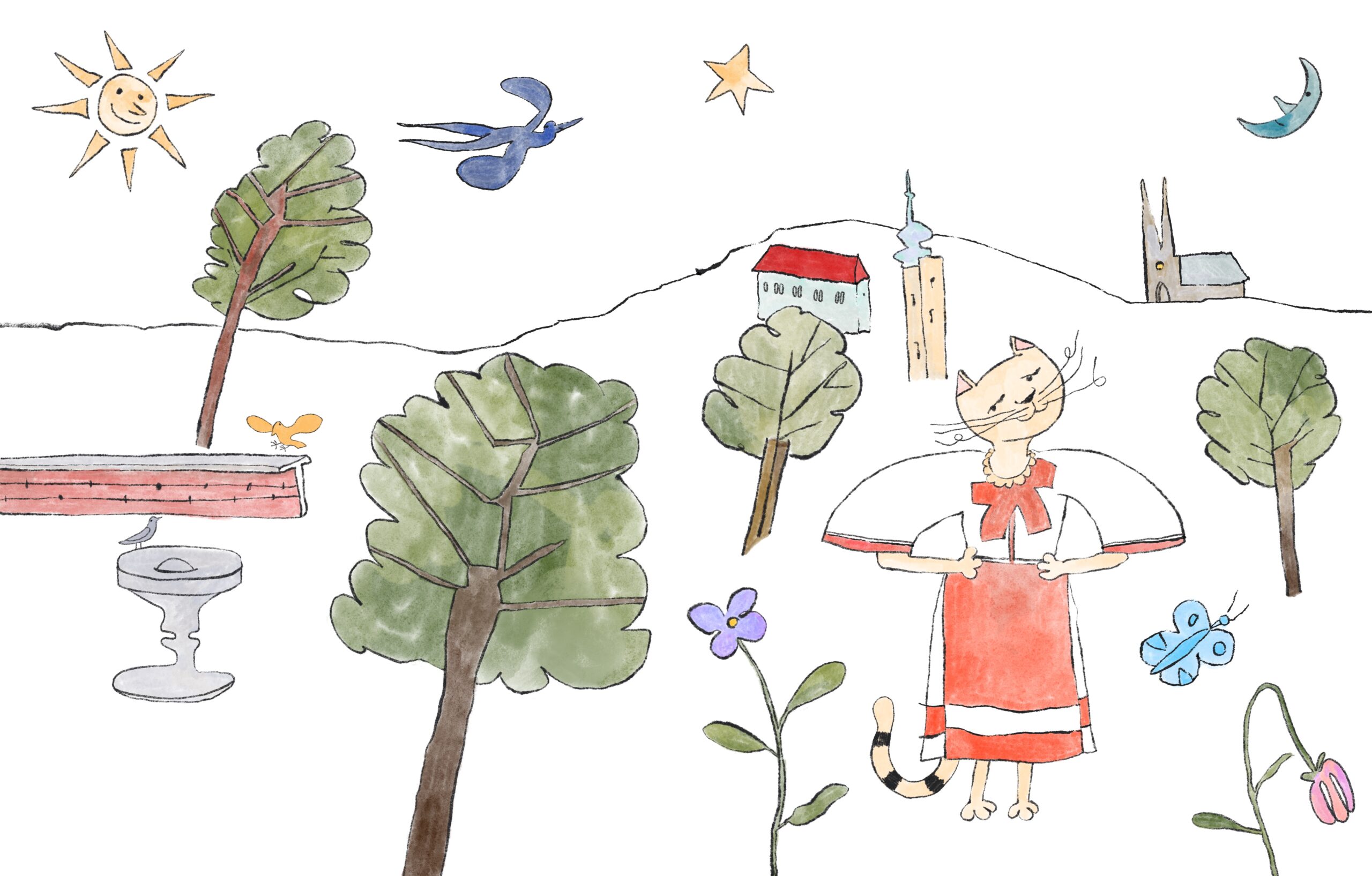 Ilustracija mačke u crvenoj haljini u krajoliku s drvećem, suncem i crkvom u pozadini.