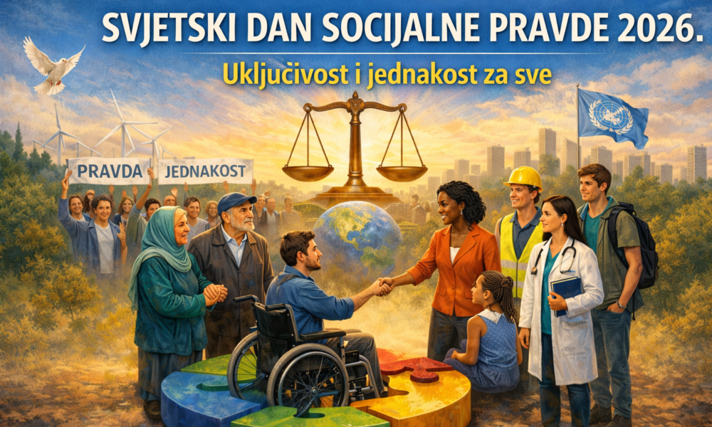 Na ilustraciji posvećenoj Svjetskom danu socijalne pravde 2026. prikazana je raznolika skupina ljudi okupljena oko velikih, međusobno povezanih dijelova slagalice u različitim bojama, koji simboliziraju zajedništvo i uključivost. U središtu kompozicije nalazi se muškarac u invalidskim kolicima koji se rukuje sa ženom u poslovnoj odjeći, čime se naglašava poruka jednakosti, poštovanja i suradnje. Oko njih stoje osobe različitih dobnih skupina i zanimanja – stariji bračni par, liječnica, građevinski radnik, mladić s ruksakom i djevojčica – što dodatno ističe raznolikost društva. U pozadini se uzdiže velika vaga kao univerzalni simbol pravde, a iza nje je prikazan globus koji upućuje na globalni karakter ovog dana. Na jednoj strani vide se ljudi koji drže transparente s natpisima „Pravda“ i „Jednakost“, dok se u daljini nazire gradski horizont i vjetroelektrane, simboli razvoja i održivosti. Na nebu leti bijela golubica kao znak mira, a istaknuta je i zastava Ujedinjenih naroda. Gornji dio ilustracije sadrži naslov „Svjetski dan socijalne pravde 2026.“ i podnaslov „Uključivost i jednakost za sve“, čime je jasno naglašena temeljna poruka vizuala – izgradnja pravednijeg i uključivijeg društva za sve ljude.