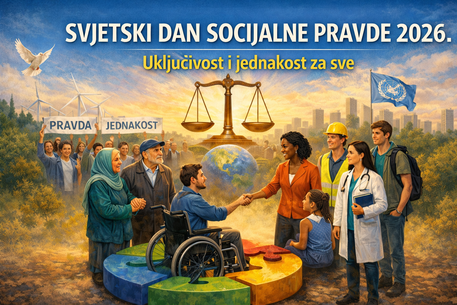 Na ilustraciji posvećenoj Svjetskom danu socijalne pravde 2026. prikazana je raznolika skupina ljudi okupljena oko velikih, međusobno povezanih dijelova slagalice u različitim bojama, koji simboliziraju zajedništvo i uključivost. U središtu kompozicije nalazi se muškarac u invalidskim kolicima koji se rukuje sa ženom u poslovnoj odjeći, čime se naglašava poruka jednakosti, poštovanja i suradnje. Oko njih stoje osobe različitih dobnih skupina i zanimanja – stariji bračni par, liječnica, građevinski radnik, mladić s ruksakom i djevojčica – što dodatno ističe raznolikost društva. U pozadini se uzdiže velika vaga kao univerzalni simbol pravde, a iza nje je prikazan globus koji upućuje na globalni karakter ovog dana. Na jednoj strani vide se ljudi koji drže transparente s natpisima „Pravda“ i „Jednakost“, dok se u daljini nazire gradski horizont i vjetroelektrane, simboli razvoja i održivosti. Na nebu leti bijela golubica kao znak mira, a istaknuta je i zastava Ujedinjenih naroda. Gornji dio ilustracije sadrži naslov „Svjetski dan socijalne pravde 2026.“ i podnaslov „Uključivost i jednakost za sve“, čime je jasno naglašena temeljna poruka vizuala – izgradnja pravednijeg i uključivijeg društva za sve ljude.