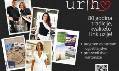 Fotografija izgleda kao promotivni oglas ili plakat za URIHO, ustanovu poznatu po tradiciji, kvaliteti i inkluziji. Na stranici se pojavljuju različiti grafički elementi i tekstovi, među kojima: Gornji dio Pojavljuju se fragmenti teksta poput “FOUR POINTS”, “Recept za sreću” i nekoliko rečenica koje djeluju kao kreativni ili stilizirani tekst, ali su djelomično nerazumljive ili namjerno apstraktne. Primjer iz dokumenta: “Recept za sręču” “Nema za madungi horteni marmita aronobiite pore mita.” Središnji dio Spominje se Stories, Canva, Improving life, što sugerira da je dio sadržaja možda preuzet ili dizajniran u Canvi. Vidljiv je i naziv URIHO. Donji dio (najjasniji i najvažniji dio oglasa) Ovdje se nalazi glavni promotivni sadržaj: “80 godina tradicije, kvalitete i inkluzije!” Uz to su navedeni programi i ponuda: program za turizam i ugostiteljstvo proizvodi tiska i kartonaže štand broj 9 Ovaj dio izgleda kao najvažnija informacija — vjerojatno oglas za nastup URIHO-a na sajmu GAST 2026.