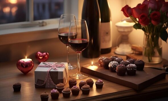Fotografija prikazuje romantično, toplo uređenu scenu na drvenom stolu pokraj prozora. Na stolu se nalaze dvije čaše crnog vina i boca vina, elegantno zamotani poklon s ružičastom vrpcom, nekoliko čokoladnih pralina te mali kolačići ukrašeni šarenim mrvicama i kremom. Upaljene svijeće u držačima u obliku srca stvaraju mekan, intiman sjaj. U vazi stoji buket crvenih ruža koji dodatno naglašava romantičnu atmosferu. Kroz prozor se vidi toplo svjetlo zalaska, što cijeloj sceni daje osjećaj ugode, nježnosti i posebnog trenutka, kao da je pripremljena za proslavu ljubavi ili neku posebnu prigodu.