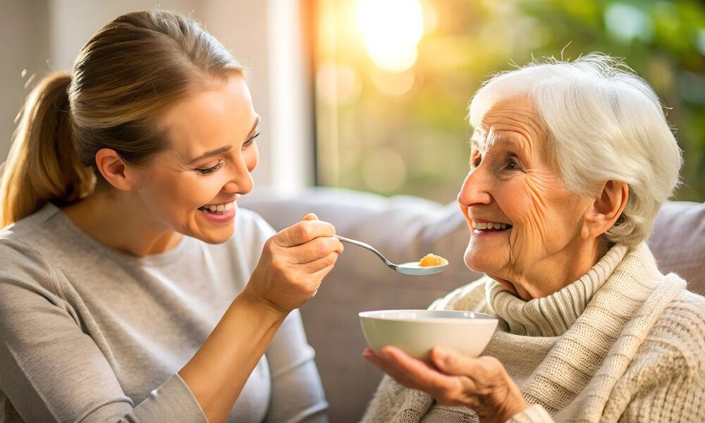 Na fotografiji se vidi nježan, topao trenutak između dvije osobe — mlađe odrasle osobe koja hrani stariju ženu žlicom. Mlađa osoba drži zdjelicu i nasmiješena je, a starija žena uzvraća osmijehom, što stvara osjećaj povjerenja i bliskosti. Sjedile su na kauču u svijetloj prostoriji, a kroz prozor dopire prirodno svjetlo koje dodatno naglašava ugodnu, domaću atmosferu. Cijela scena odiše brigom, strpljenjem i međugeneracijskom podrškom.