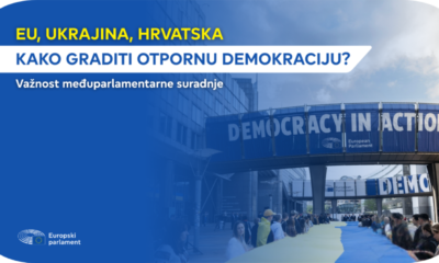Vizual konferencije EU, Ukrajina, Hrvatska o izgradnji otporne demokracije i suradnji.