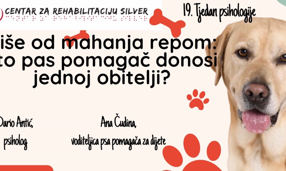 Na plakatu se nalazi velika fotografija zlatnog labradora, psa pomagača, koji zauzima središnji dio vizuala. Oko njega su grafički elementi poput otisaka šapa i kostiju, što plakatu daje prijateljski i topao dojam.