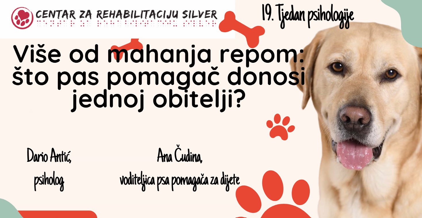 Na plakatu se nalazi velika fotografija zlatnog labradora, psa pomagača, koji zauzima središnji dio vizuala. Oko njega su grafički elementi poput otisaka šapa i kostiju, što plakatu daje prijateljski i topao dojam.