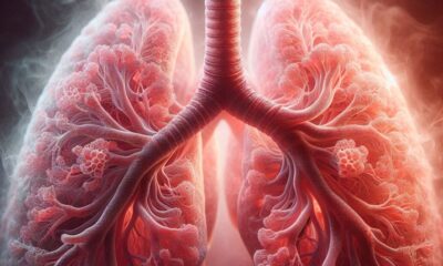 Na fotografiji je detaljan, umjetnički prikaz ljudskih pluća i dišnog sustava. U središtu se nalazi dušnik koji se grana u bronhe, a zatim u sve sitnije dišne puteve unutar oba plućna krila. Pluća su prikazana u crvenkastim i ružičastim tonovima, s naglašenom mrežom grananja koja podsjeća na drvo ili korijenje. Oko njih se vidi lagana maglica ili dim, što dodatno naglašava dojam disanja ili izmjene plinova. Struktura izgleda gotovo organski i pomalo apstraktno, s detaljima koji podsjećaju na alveole (sitne mjehuriće u kojima se odvija izmjena kisika i ugljikova dioksida). Cijela slika ima medicinsko-edukativni, ali i estetski, gotovo umjetnički karakter.