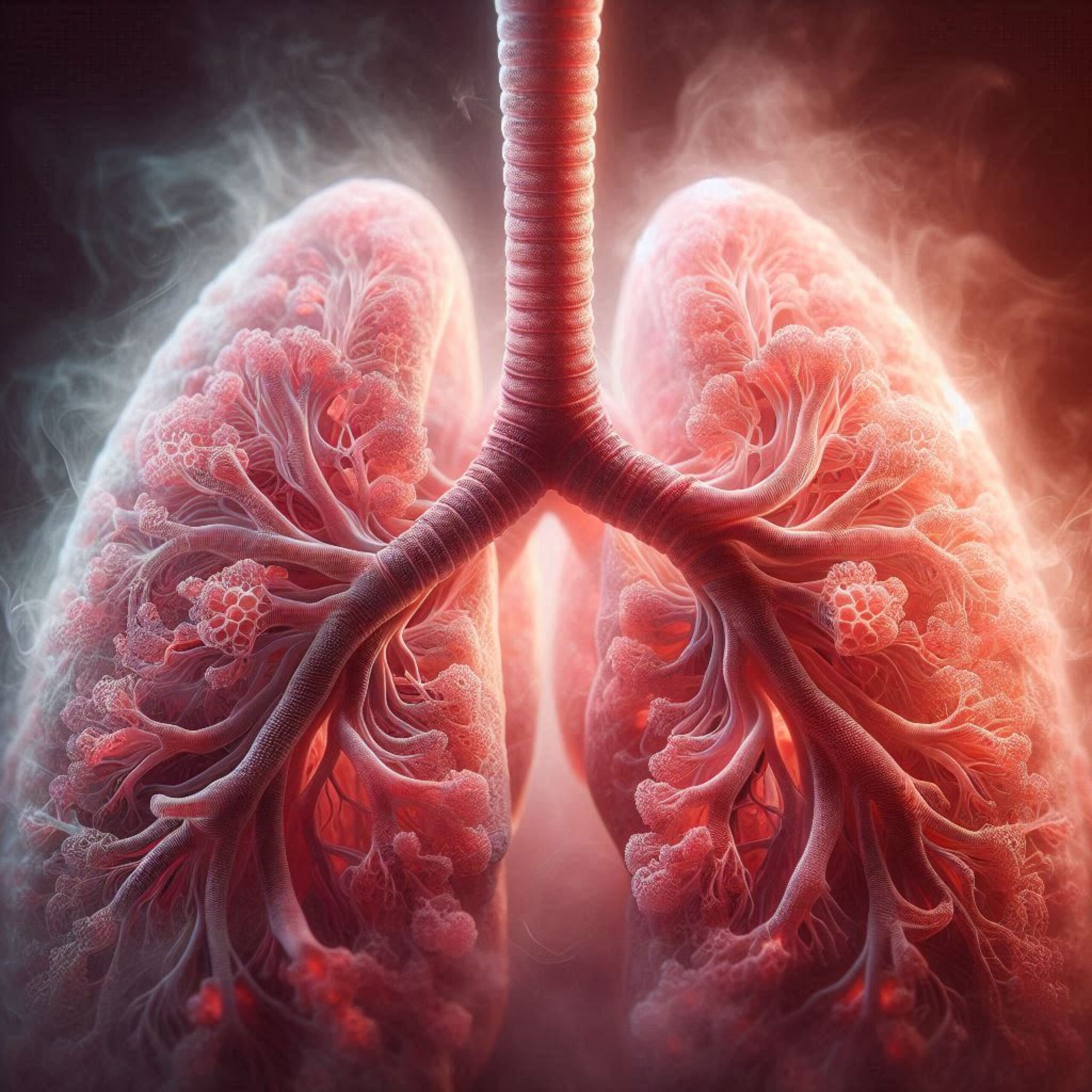 Na fotografiji je detaljan, umjetnički prikaz ljudskih pluća i dišnog sustava. U središtu se nalazi dušnik koji se grana u bronhe, a zatim u sve sitnije dišne puteve unutar oba plućna krila. Pluća su prikazana u crvenkastim i ružičastim tonovima, s naglašenom mrežom grananja koja podsjeća na drvo ili korijenje. Oko njih se vidi lagana maglica ili dim, što dodatno naglašava dojam disanja ili izmjene plinova. Struktura izgleda gotovo organski i pomalo apstraktno, s detaljima koji podsjećaju na alveole (sitne mjehuriće u kojima se odvija izmjena kisika i ugljikova dioksida). Cijela slika ima medicinsko-edukativni, ali i estetski, gotovo umjetnički karakter.