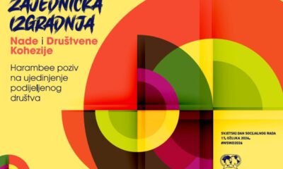 Na slici se nalazi promotivni plakat za Svjetski dan socijalnog rada 2026. godine. Dizajn je moderan i vrlo upečatljiv, ispunjen šarenim, apstraktnim oblicima — polukrugovima i geometrijskim formama u živim bojama poput crvene, žute, zelene, ljubičaste i smeđe. Pozadina je toplo žuta, što dodatno naglašava razigranost i optimizam plakata. Na plakatu se ističe tekst: “Zajednička izgradnja nade i društvene kohezije” “Harambee poziv na ujedinjenje podijeljenog društva” “Svjetski dan socijalnog rada – 17. ožujka 2026.” Hashtag #WSWD2026 Te web-adresa međunarodne federacije socijalnih radnika. Cijeli vizual odiše porukom zajedništva, solidarnosti i pozitivne društvene promjene.