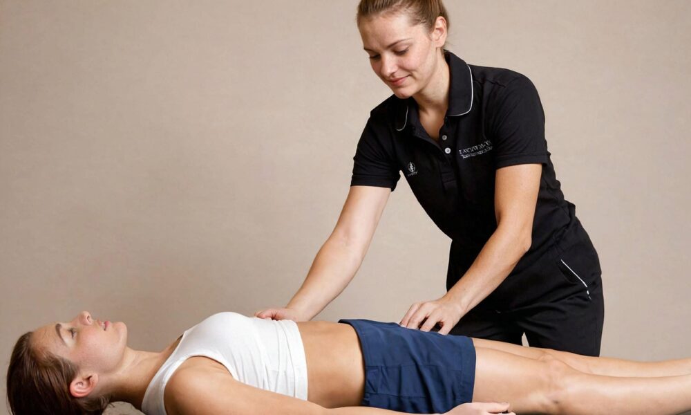 Fotografija prikazuje prizor u prostoru koji izgleda kao fizioterapijska ordinacija ili medicinska soba za pregled. Osoba u crnoj uniformi – vjerojatno fizioterapeut ili zdravstveni stručnjak – stoji uz ležaj i rukama opipava ili pregledava trbušno područje druge osobe. Osoba koja leži nosi bijelu potkošulju i plave kratke hlače, opuštena je i zatvorenih očiju, što sugerira da se radi o rutinskom, nenametljivom pregledu ili terapiji. Okolina je jednostavna i neutralna, bez dodatnih detalja, što naglašava profesionalnu i mirnu atmosferu postupka.