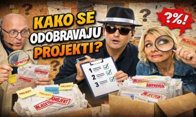 Na ilustraciji se nalaze tri osobe koje proučavaju dokumente označene riječju “PROJEKT”. Na papirima se vide pečati poput “APPROVED” (odobreno) i “REJECTED” (odbijeno), što sugerira proces evaluacije projekata. U pozadini je oglasna ploča prepuna papira i velikih upitnika, što stvara dojam nesigurnosti ili pitanja o tome kako se projekti zapravo odobravaju. Jedna osoba u sredini drži clipboard s popisom zadataka, na kojem su stavke označene zelenim kvačicama.
