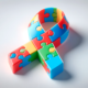 Na fotografiji je prikazana stilizirana vrpca u obliku petlje, sastavljena od šarenih dijelova slagalice (puzzle). Dominiraju jarke boje poput plave, crvene, zelene i žute, koje se međusobno isprepliću u obliku trodimenzionalne vrpce. Oblik podsjeća na simbol podrške i svijesti, a motiv puzzli često se povezuje s autizmom, simbolizirajući raznolikost, kompleksnost i jedinstvenost osoba iz spektra autizma. Vrpca je postavljena na svijetloj, neutralnoj podlozi, što dodatno naglašava njezine boje i oblik.