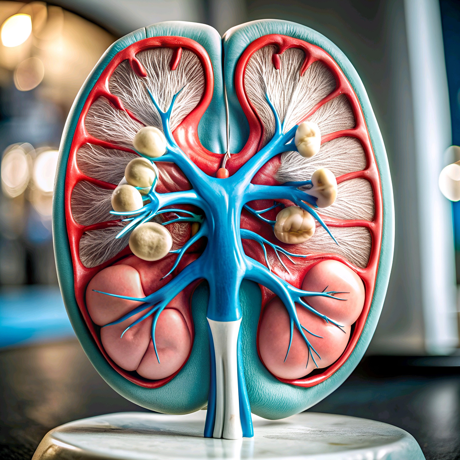 Na fotografiji se nalazi detaljan anatomski model ljudskog bubrega, prikazan u presjeku kako bi se vidjele unutarnje strukture. Model je vrlo realističan i obojen tako da naglašava različite dijelove bubrega.