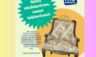 Na fotografiji je promotivni vizual projekta „Uključi me kulturno“. U središtu se nalazi starinska, elegantna fotelja s cvjetnim uzorkom i drvenim nogama, postavljena na toplu, pastelnu pozadinu s velikim žutim krugom iza nje koji dodatno ističe njen položaj. S lijeve strane nalazi se velika zelena zvjezdasta grafika s istaknutim natpisom: „Ništa ekskluzivno, samo inkluzivno!“, čime se naglašava glavna poruka kampanje. Ispod toga nalazi se kraći tekst koji objašnjava kako projekt prilagođava kazališne predstave osobama s oštećenjem sluha putem titlova i prijevoda na hrvatski znakovni jezik te osobama s oštećenjem vida putem audiodeskripcije. U gornjem desnom kutu nalazi se logo projekta „uključi me kulturno“, dok se pri dnu ističe šareni natpis „Alternator“, uz puni naziv udruge. Na dnu je također vidljiva web adresa projekta. Cijeli vizual koristi nježne, pastelne boje i jednostavan, ali upečatljiv dizajn koji kombinira toplinu i pristupačnost, naglašavajući ideju inkluzije u kulturi.