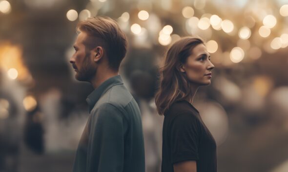 Na fotografiji su prikazani muškarac i žena koji stoje leđima okrenuti jedno drugome, stvarajući snažan dojam emocionalne distance. Oboje gledaju u suprotnim smjerovima, s ozbiljnim i zamišljenim izrazima lica, što sugerira napetost, nesuglasice ili unutarnji konflikt. Pozadina je zamućena i ispunjena toplim, zlatnim svjetlima koja podsjećaju na gradski ambijent ili večernju atmosferu s lampicama, što stvara kontrast između romantičnog okruženja i hladnoće među osobama u prvom planu. Muškarac ima kratku, urednu kosu i bradu te nosi jednostavnu majicu, dok žena ima lagano valovitu kosu i također je odjevena ležerno. Cijela scena odiše tišinom i emocionalnom napetošću, kao da prikazuje trenutak nakon svađe ili razilaženja, gdje su riječi izostale, ali osjećaji ostaju snažno prisutni.