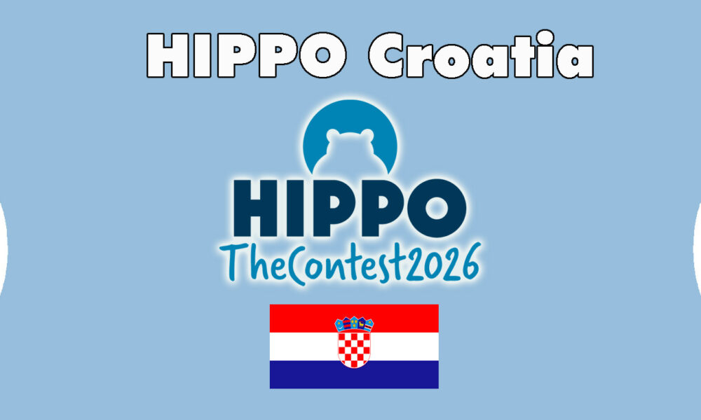 Slika prikazuje ilustraciju na kojoj piše 'Hippo Croatia' i nacrtana je Hrvatska zastava.