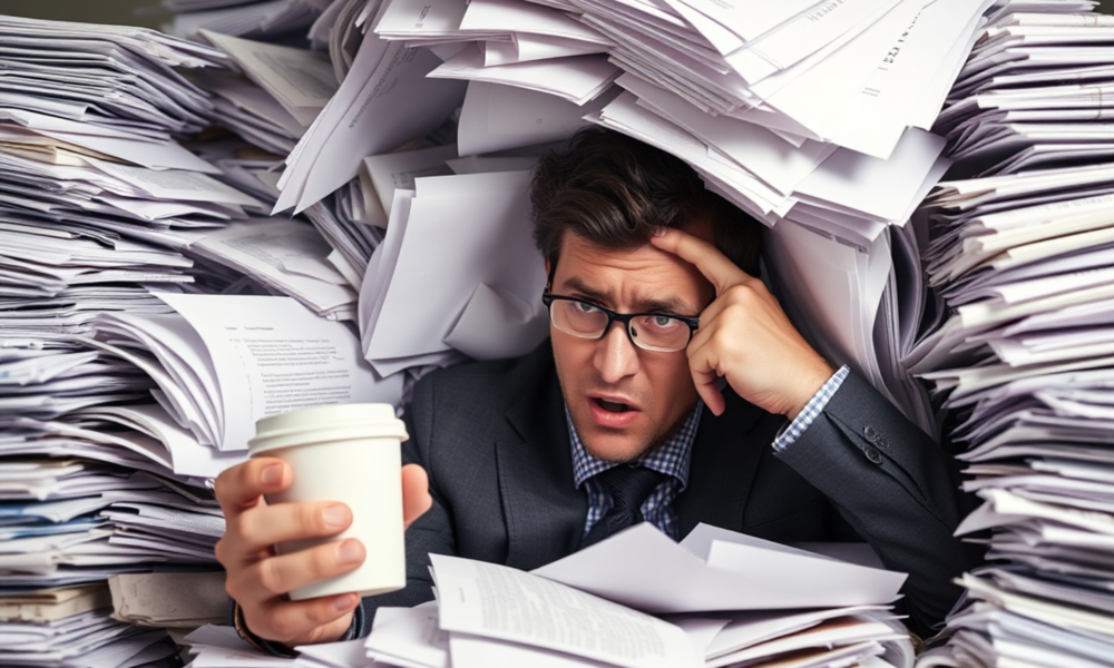 Na fotografiji se vidi muškarac u poslovnom odijelu koji sjedi zatrpan ogromnom količinom papira i dokumenata. Papiri su naslagani oko njega i iznad njega, stvarajući dojam kao da je doslovno „zakopan“ u poslu. Muškarac izgleda iscrpljeno i pod stresom – jednom rukom drži čašu kave, dok drugom pridržava glavu, kao da pokušava razmišljati ili se nositi s pritiskom. Izraz lica mu je zabrinut i umoran, a pogled usmjeren prema naprijed. Cijela scena snažno dočarava osjećaj preopterećenosti, stresa i radnog pritiska, što je čest simbol modernog radnog okruženja i problema poput prevelikog opsega posla i nedostatka ravnoteže između posla i privatnog života.