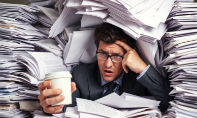 Na fotografiji se vidi muškarac u poslovnom odijelu koji sjedi zatrpan ogromnom količinom papira i dokumenata. Papiri su naslagani oko njega i iznad njega, stvarajući dojam kao da je doslovno „zakopan“ u poslu. Muškarac izgleda iscrpljeno i pod stresom – jednom rukom drži čašu kave, dok drugom pridržava glavu, kao da pokušava razmišljati ili se nositi s pritiskom. Izraz lica mu je zabrinut i umoran, a pogled usmjeren prema naprijed. Cijela scena snažno dočarava osjećaj preopterećenosti, stresa i radnog pritiska, što je čest simbol modernog radnog okruženja i problema poput prevelikog opsega posla i nedostatka ravnoteže između posla i privatnog života.