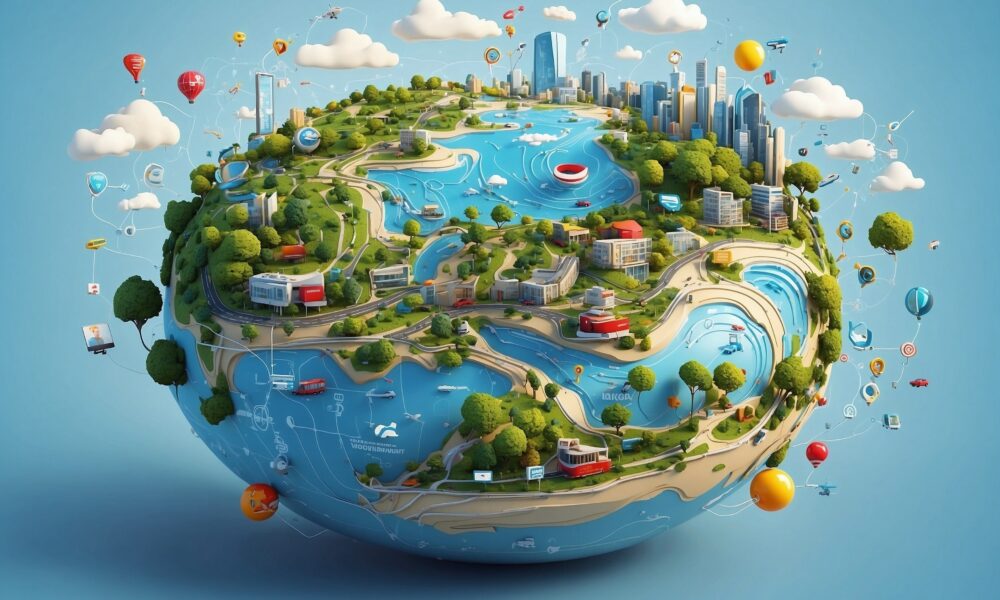 Na slici je prikazan stilizirani, umjetnički prikaz planeta Zemlje u obliku male, lebdeće kugle koja podsjeća na minijaturni svijet. Cijela scena izgleda kao kombinacija prirode i moderne tehnologije, s naglaskom na sklad između urbanog života i okoliša. Na površini “planeta” vide se zeleni brežuljci, drveće i vijugave rijeke koje se ulijevaju u jezera i more, što simbolizira prirodne resurse i ljepotu Zemlje. Istovremeno, prisutni su i moderni gradovi s visokim zgradama, prometnicama, mostovima i vozilima, što prikazuje ljudsku civilizaciju i razvoj tehnologije. Sve je povezano mrežama linija i malim ikonama koje sugeriraju komunikaciju, digitalizaciju i globalnu povezanost. Oko planeta lebde različiti elementi poput balona, oblaka i sitnih objekata koji dodatno naglašavaju dinamičnost i živost ovog “malog svijeta”. Boje su svijetle i vedre, s dominacijom plave i zelene, što daje osjećaj čistoće, održivosti i nade. Cijela ilustracija djeluje kao simbol ideje da je Zemlja naš zajednički dom, gdje priroda i tehnologija mogu postojati u ravnoteži ako se o njima odgovorno brinemo.